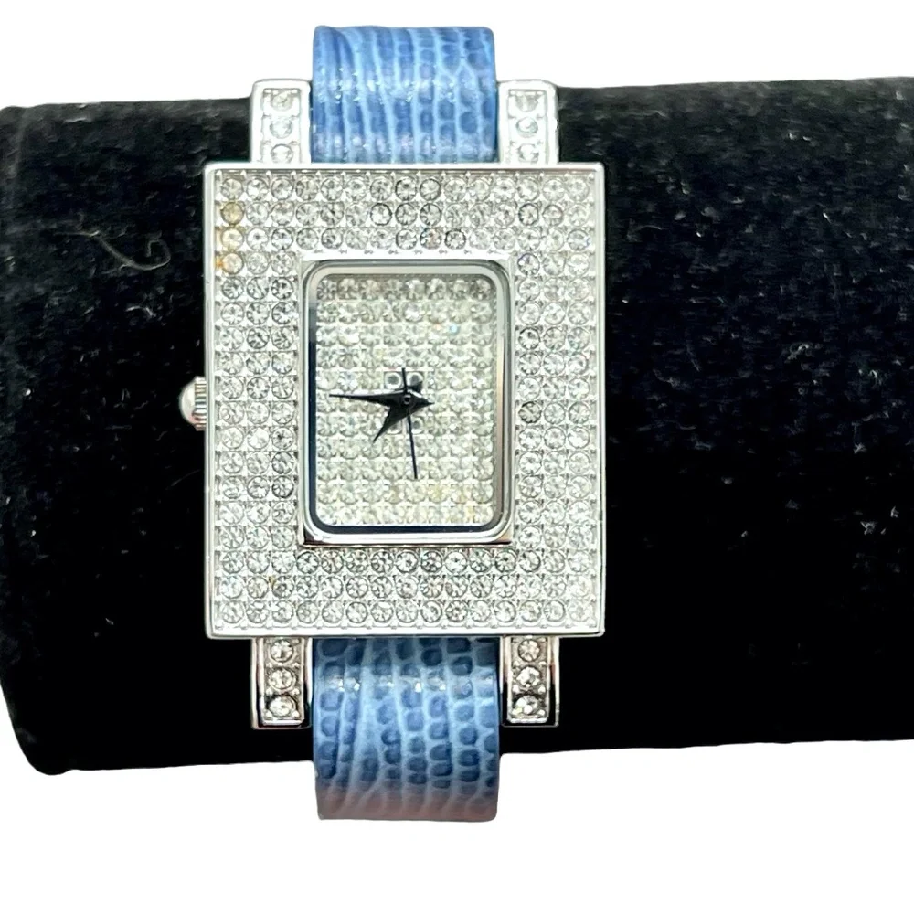 ADRIENNE LIMITED PAVE CRYSTAL ART DECO WATCH W BLUE LEATHER LIZARD PRINT BAND